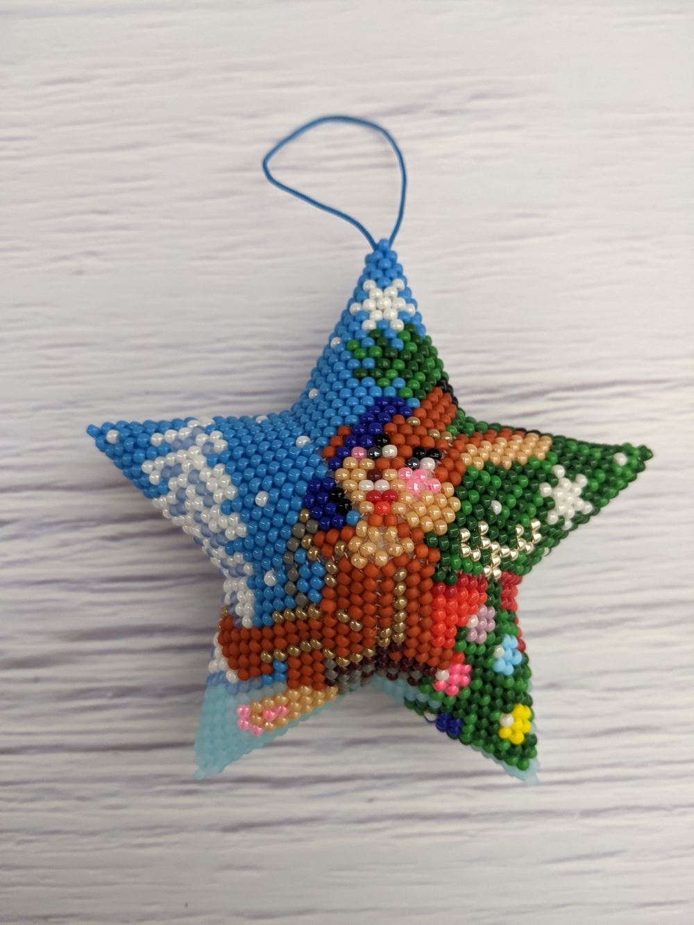 Beaded Star Ornament with Colorful Bunny Motif